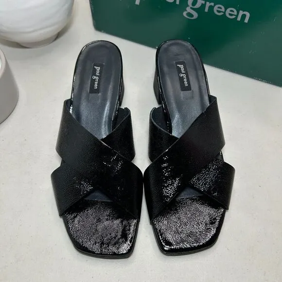 Paul Green Cici Sandal Leather Cross Band Block Heel Black Crinkle Women 7.5 NWB