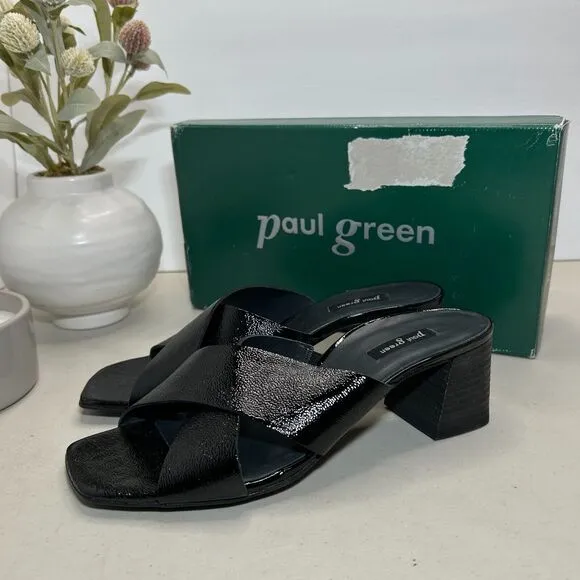 Paul Green Cici Sandal Leather Cross Band Block Heel Black Crinkle Women 7.5 NWB