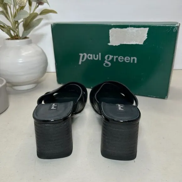 Paul Green Cici Sandal Leather Cross Band Block Heel Black Crinkle Women 7.5 NWB