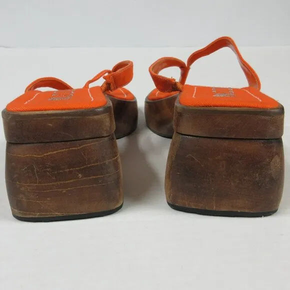 PAZZO Chunky Wood Platform Y2K Slide Sandals Sz 6 Orange Fabric Shoes VINTAGE 90