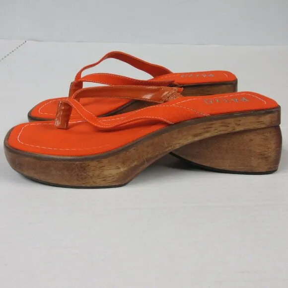 PAZZO Chunky Wood Platform Y2K Slide Sandals Sz 6 Orange Fabric Shoes VINTAGE 90