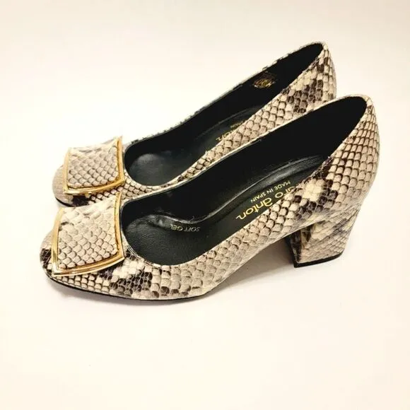 Pedro Anton Made in Spain Faux Snake Embossed Buckle Pumps Block Heel Shoes 36