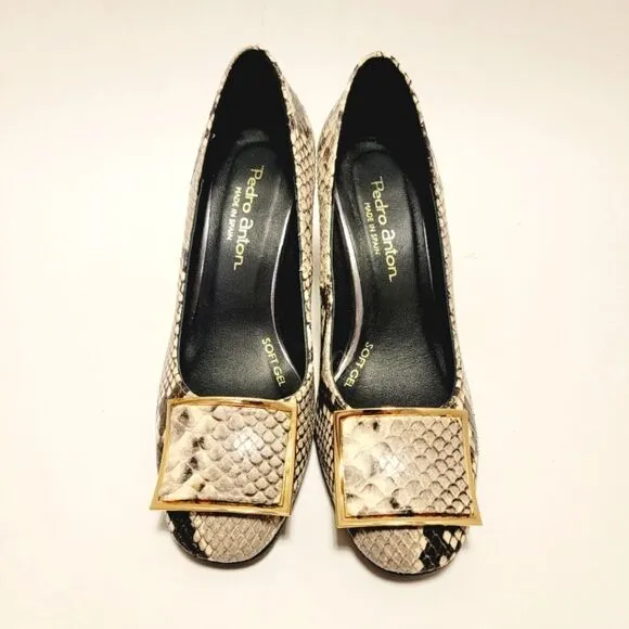 Pedro Anton Made in Spain Faux Snake Embossed Buckle Pumps Block Heel Shoes 36