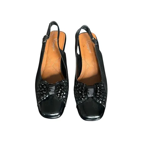 Peerage Black Cathy Leather Slingback Dress Pumps with Bow Size 7 1/2 E