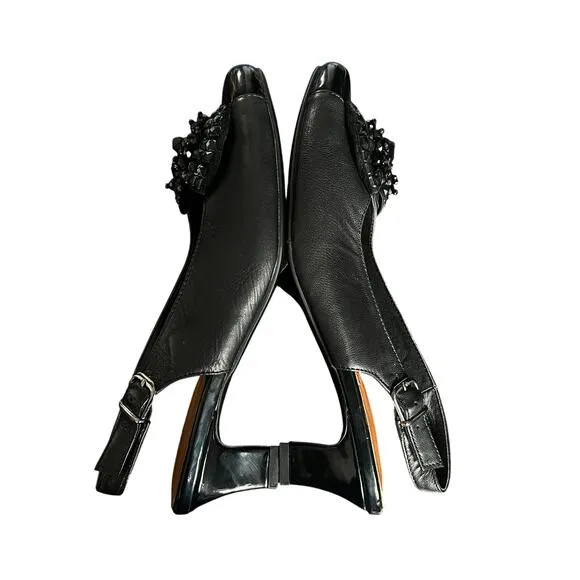 Peerage Black Cathy Leather Slingback Dress Pumps with Bow Size 7 1/2 E