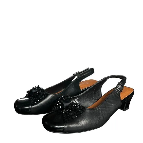 Peerage Black Cathy Leather Slingback Dress Pumps with Bow Size 7 1/2 E