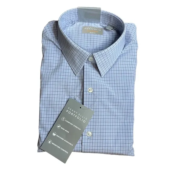 Perry Ellis Mini Light Blue Check Print Slim Fit Dress Shirt