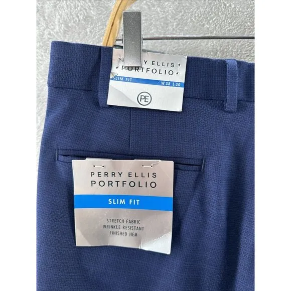 Perry Ellis Slim Fit Blue Check Suit Dress Pants Men's Size 38x30