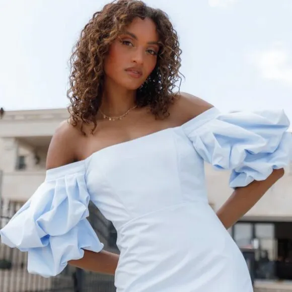 Petal &amp; Pup Fern Puff Sleeve mini Dress - ICY BLUE Small