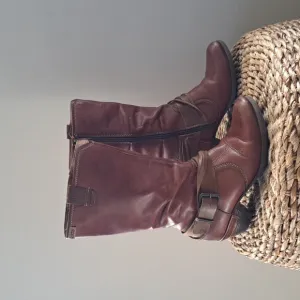 PIKOLINOS Womens Brown Leather Moto/Western Mid Calf Boots Zip Up 2&quot; Heel 7.5/38