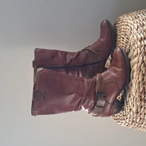 PIKOLINOS Womens Brown Leather Moto/Western Mid Calf Boots Zip Up 2&quot; Heel 7.5/38