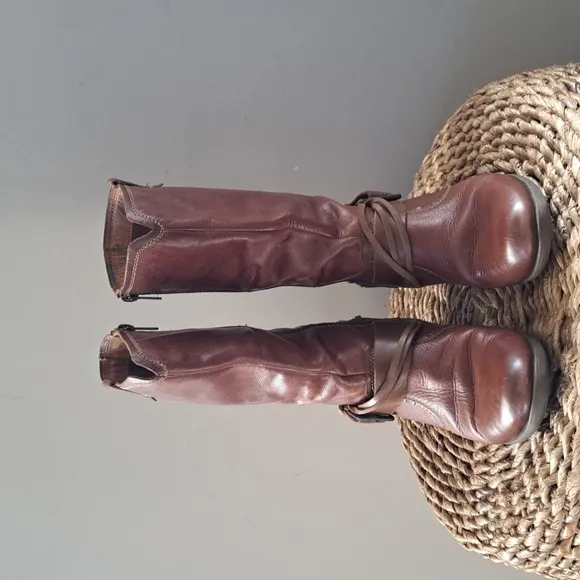 PIKOLINOS Womens Brown Leather Moto/Western Mid Calf Boots Zip Up 2&quot; Heel 7.5/38