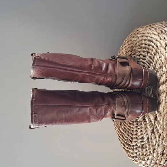 PIKOLINOS Womens Brown Leather Moto/Western Mid Calf Boots Zip Up 2&quot; Heel 7.5/38