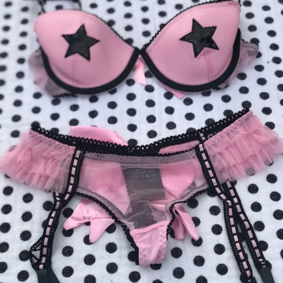 Pink black sequin star pasties bra panty garter