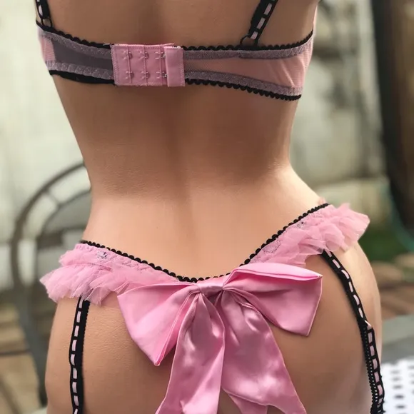 Pink black sequin star pasties bra panty garter