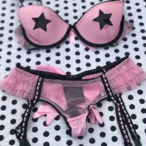Pink black sequin star pasties bra panty garter