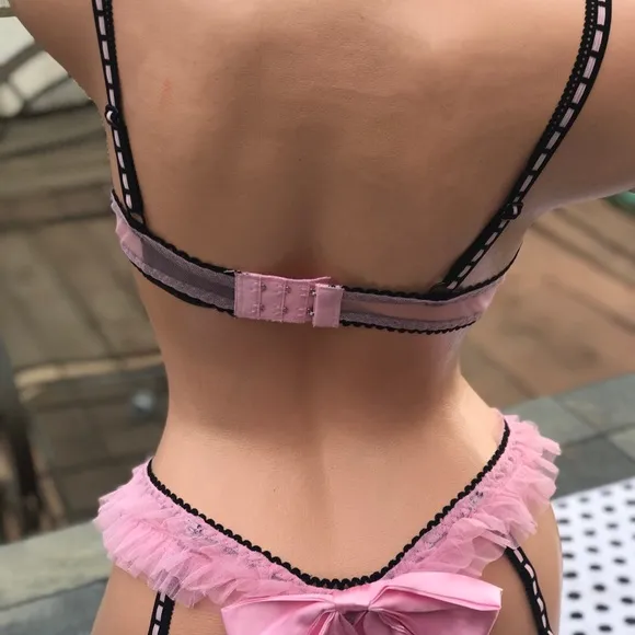 Pink black sequin star pasties bra panty garter