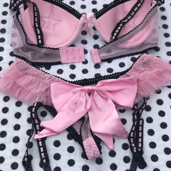 Pink black sequin star pasties bra panty garter