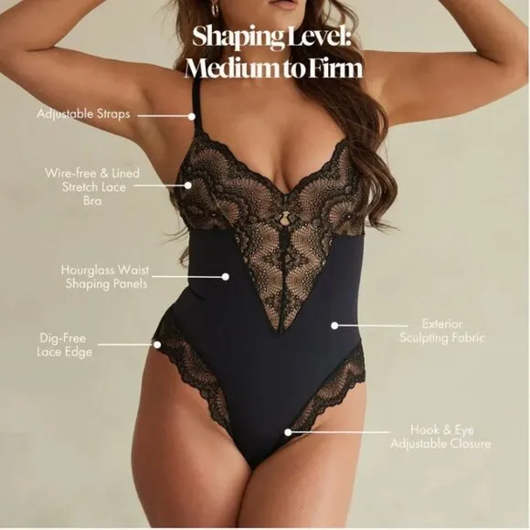 Pinsy Sculpting Black Lace Shapewear Shapesuit Bodysuit NWT NEW Size XL