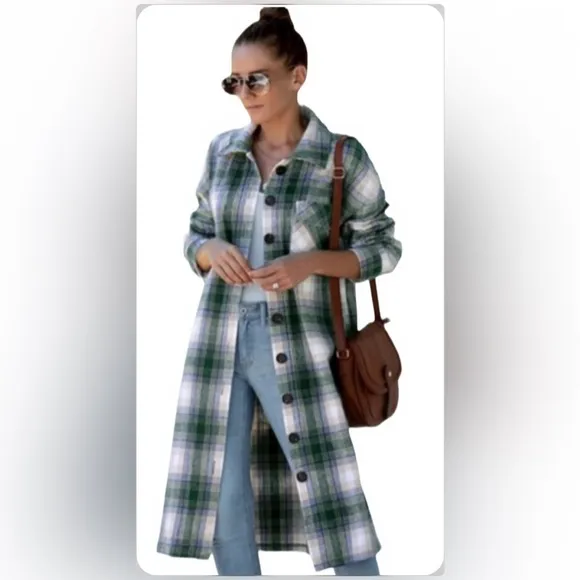 PLAID GREEN CREAM /GREY BLACK   GENEROUS LONG COAT BEAUTIFUL…