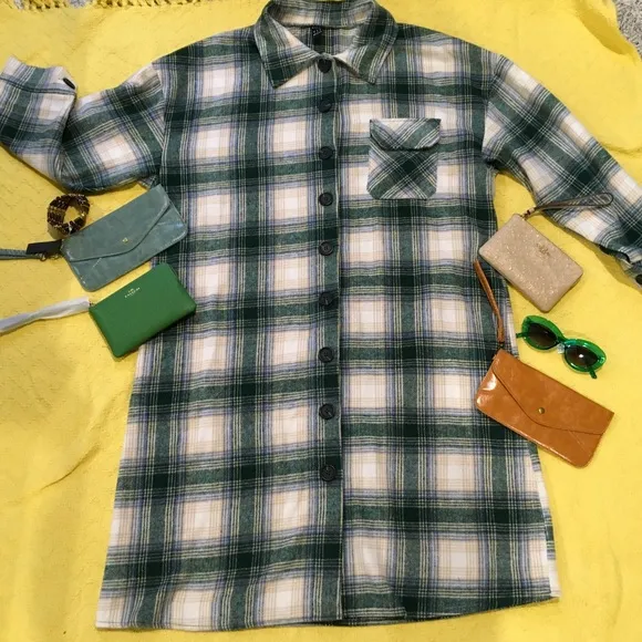 PLAID GREEN CREAM /GREY BLACK   GENEROUS LONG COAT BEAUTIFUL…