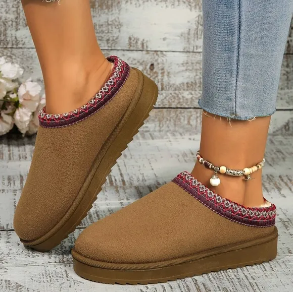 Platform Slippers Tazz Faux Fur Slip-on Vegan Suede Mule Winter Embroidered Shoe
