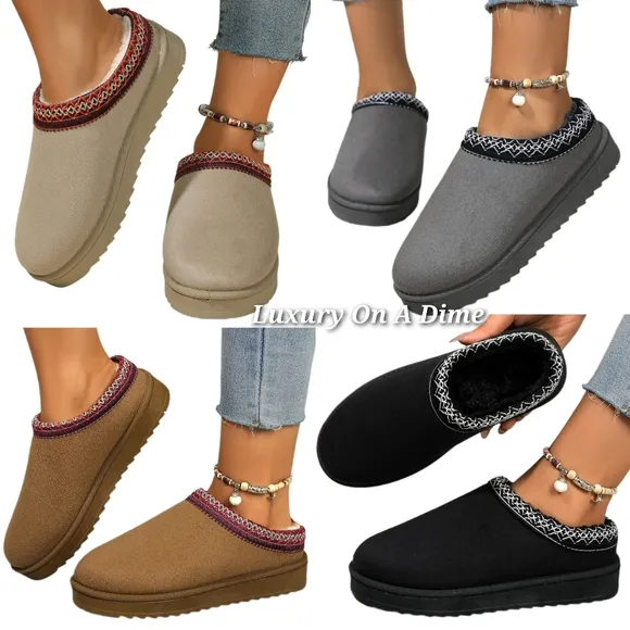 Platform Slippers Tazz Faux Fur Slip-on Vegan Suede Mule Winter Embroidered Shoe