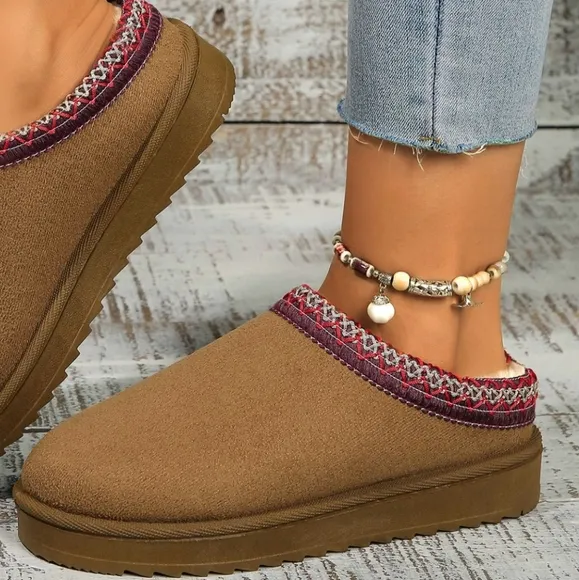 Platform Slippers Tazz Faux Fur Slip-on Vegan Suede Mule Winter Embroidered Shoe