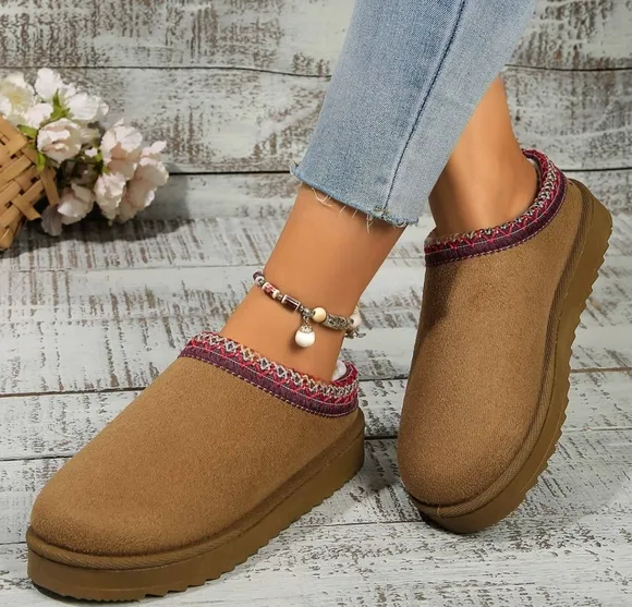 Platform Slippers Tazz Faux Fur Slip-on Vegan Suede Mule Winter Embroidered Shoe