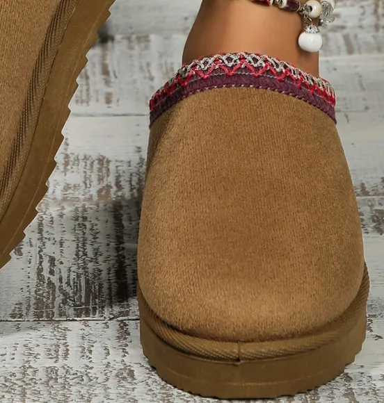 Platform Slippers Tazz Faux Fur Slip-on Vegan Suede Mule Winter Embroidered Shoe