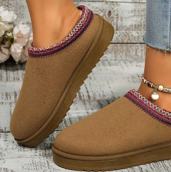 Platform Slippers Tazz Faux Fur Slip-on Vegan Suede Mule Winter Embroidered Shoe