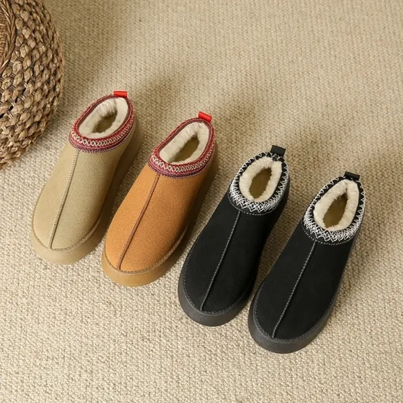 Platform Slippers Tazz Warm Faux Fur Slip-on Vegan Suede Mule Cozy Winter Shoes