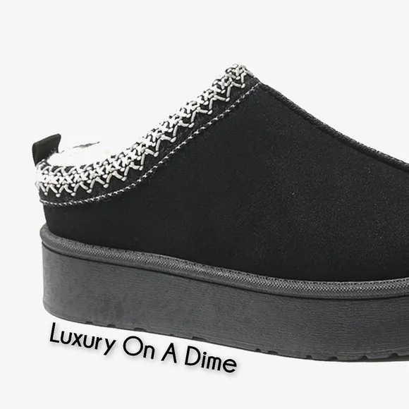 Platform Slippers Tazz Warm Faux Fur Slip-on Vegan Suede Mule Cozy Winter Shoes