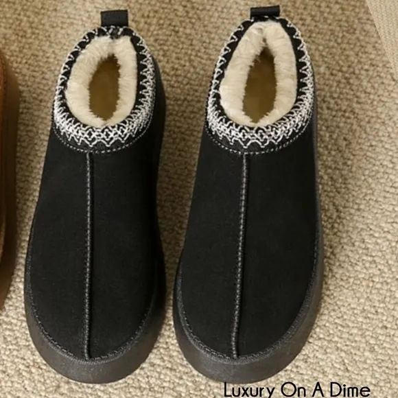 Platform Slippers Tazz Warm Faux Fur Slip-on Vegan Suede Mule Cozy Winter Shoes