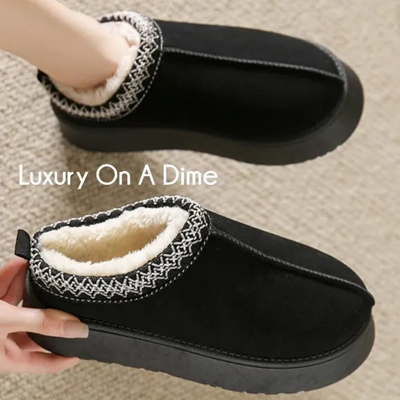 Platform Slippers Tazz Warm Faux Fur Slip-on Vegan Suede Mule Cozy Winter Shoes