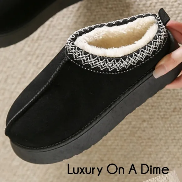 Platform Slippers Tazz Warm Faux Fur Slip-on Vegan Suede Mule Cozy Winter Shoes