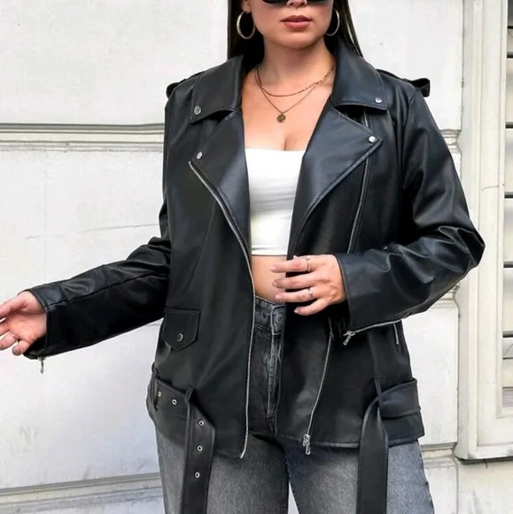 Plus Size Zip Up Belted Patent Moto Jacket, For Winter