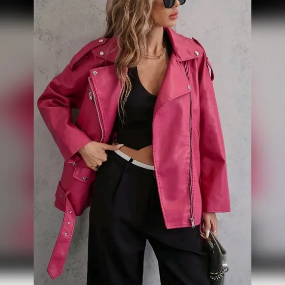 Plus Size Zip Up Belted Patent Moto Jacket, For Winter