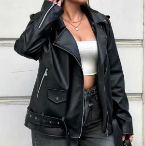 Plus Size Zip Up Belted Patent Moto Jacket, For Winter