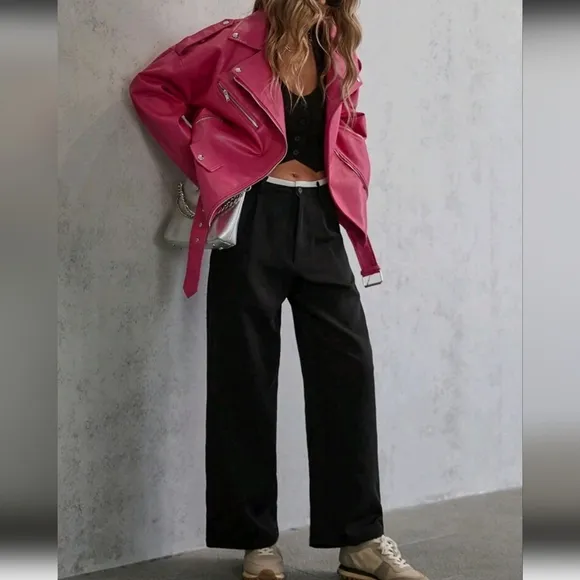 Plus Size Zip Up Belted Patent Moto Jacket, For Winter
