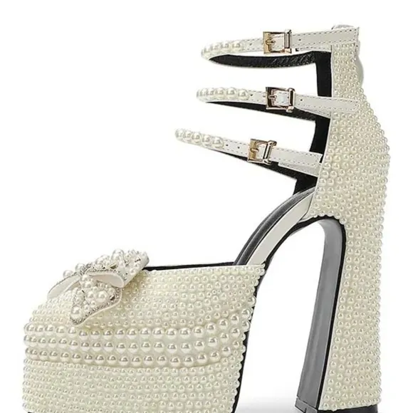 Pointed Toe Chunky Heels Ankle Buckle Elegant Pearl-Embellished Platform Heels
