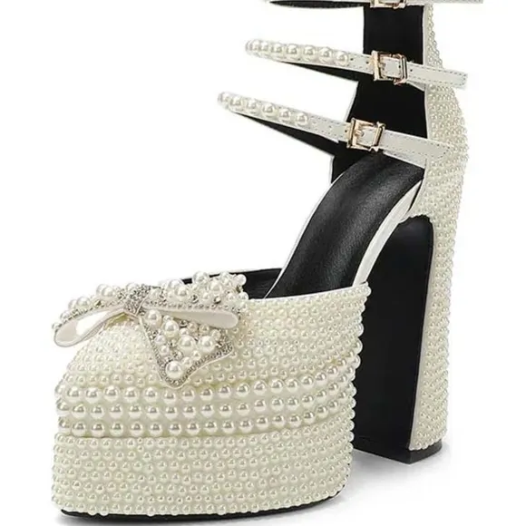 Pointed Toe Chunky Heels Ankle Buckle Elegant Pearl-Embellished Platform Heels