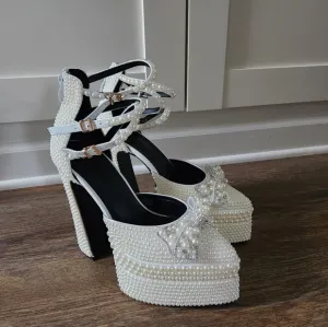 Pointed Toe Chunky Heels Ankle Buckle Elegant Pearl-Embellished Platform Heels