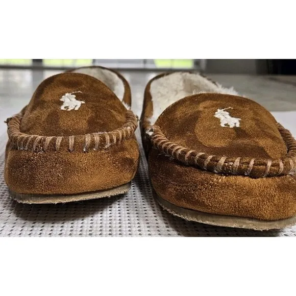 POLO Ralph Lauren Brown Faux Fur Moccasin Slippers, Size 8 Kids