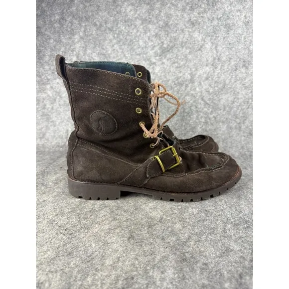 Polo Ralph‎ Lauren Chocolate Brown Mid Ankle Suede Boots Plaid Lining Sz 10.5
