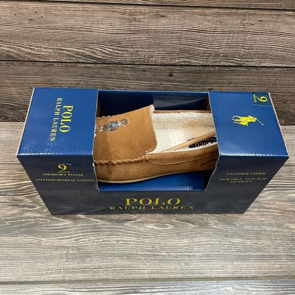 Polo Ralph Lauren Men's Collins Bear Suede Slippers Memory Foam Brown Size 9 NEW