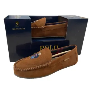 Polo Ralph Lauren Mens Size 9 Bear Embroidered Moccasin Slippers Memory Foam Tan