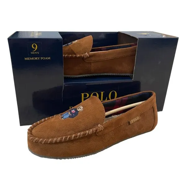 Polo Ralph Lauren Mens Size 9 Bear Embroidered Moccasin Slippers Memory Foam Tan