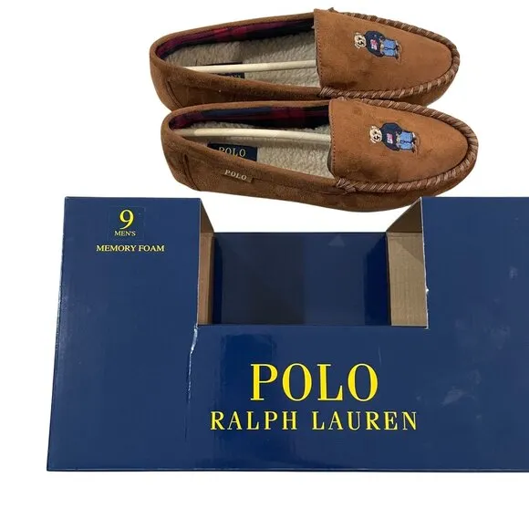 Polo Ralph Lauren Mens Size 9 Bear Embroidered Moccasin Slippers Memory Foam Tan