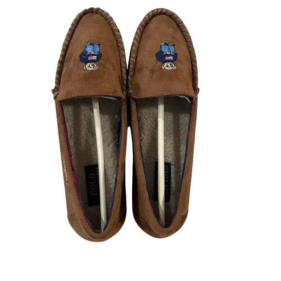 Polo Ralph Lauren Mens Size 9 Bear Embroidered Moccasin Slippers Memory Foam Tan